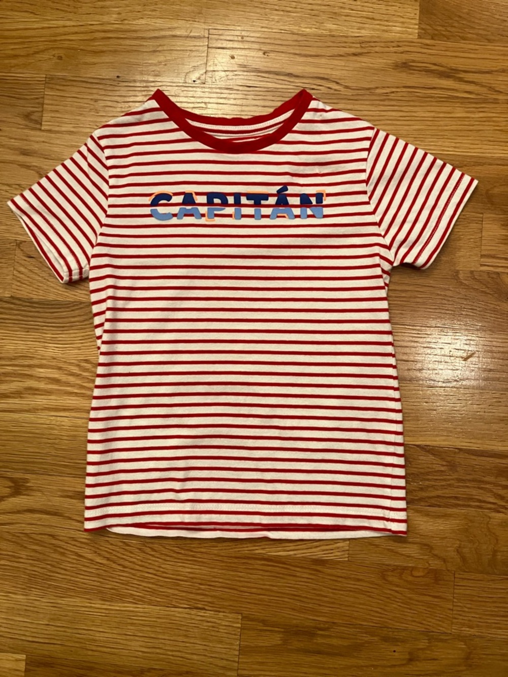 Boys Mayoral sz 5 Red & White Striped 'Capitán' Short Sleeve Tee/ Blue Lettering